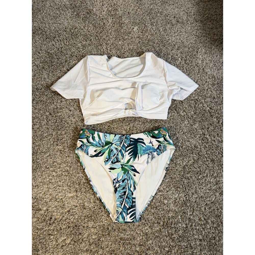 SHEIN Tropical Leaf Bikini Set Women’s XL White Crop Top High Waist Bottoms